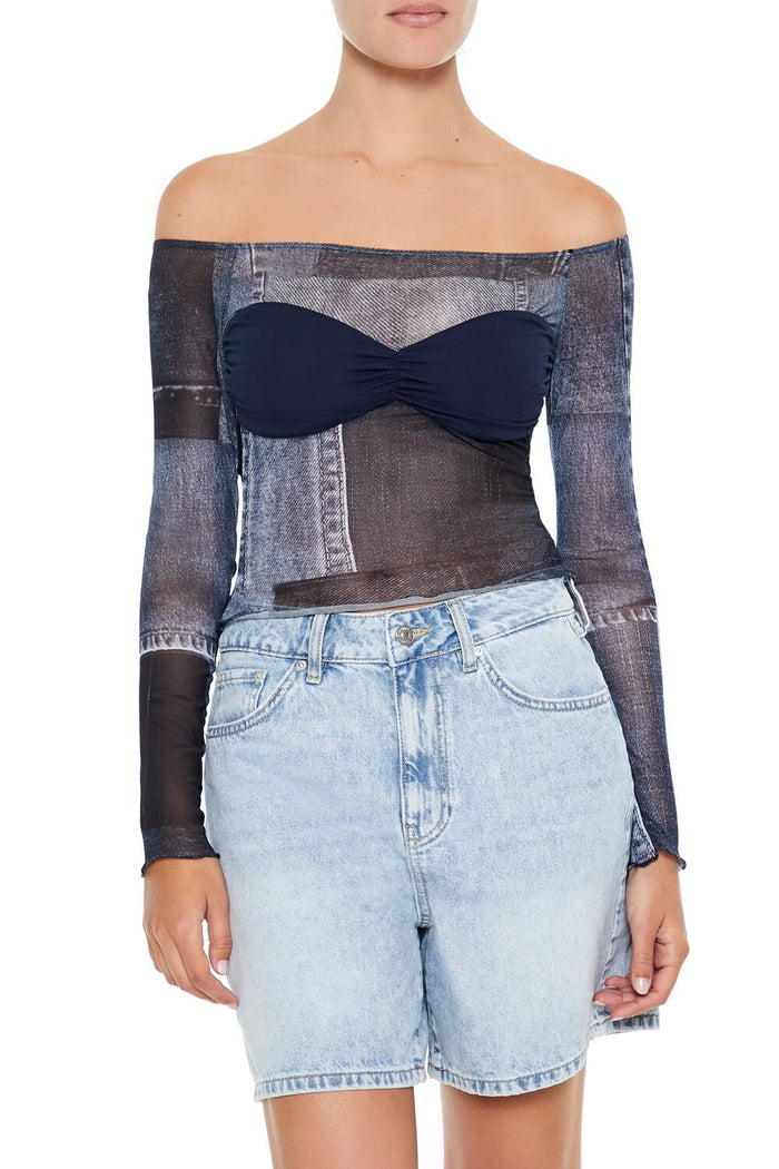 Denim Print Off-the-Shoulder Top
