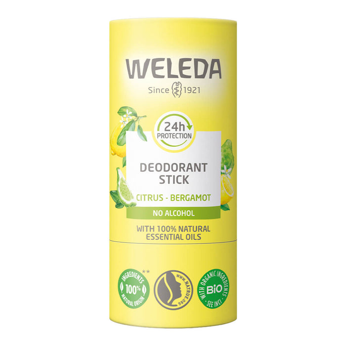 50g Weleda Deodorant Stick - Citrus-Bergamot, natural solid deodorant in a cardboard tube.