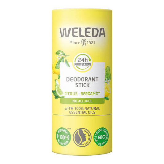 50g Weleda Deodorant Stick - Citrus-Bergamot, natural solid deodorant in a cardboard tube.