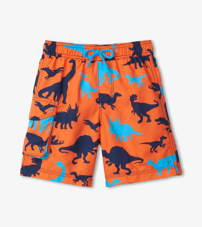 Hatley boys Dino Silhouettes board shorts in Orange/Blue with drawcord waist
