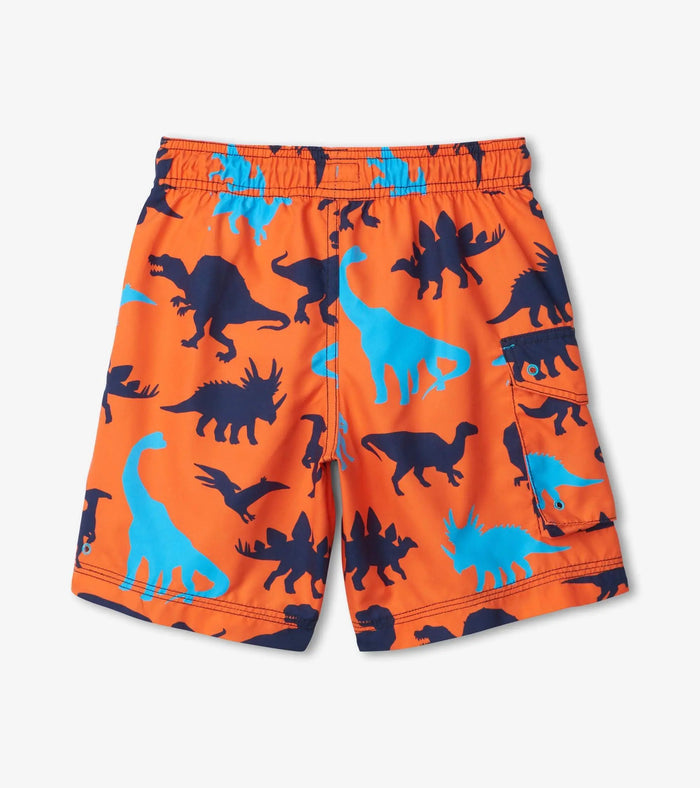 Back view of Hatley boys Orange/Blue dinosaur print board shorts