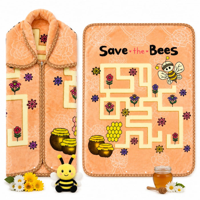 A fleece blanket shown in two views on a white background: a hooded robe-style view on the left and a flat maze view on the right with the text 'Save the Bees.' The blanket is peach/coral with cream maze paths, floral accents, honey pots, a bee illustrati