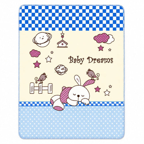 A baby blanket or throw featuring a cute cartoon bunny sleeping on a barbell, surrounded by stars, clouds, and planets on a cream background. The top and bottom borders have blue and white checkered and polka dot patterns, with the text 'Baby Dreams' in t