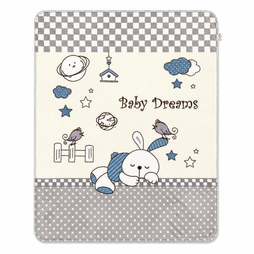 A baby blanket or throw featuring a whimsical space-themed design with the words 'Baby Dreams'. The design includes a white bunny with blue striped socks, stars, clouds, a bird, a moon, and a small house on an off-white background, framed by gray and whit