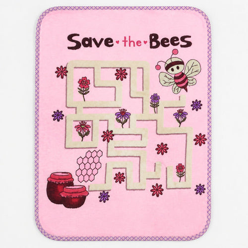 A square pink decorative sign or print with rounded corners, featuring the words 'Save the Bees' above a stylized bee, honeycomb, flowers, and two jars of honey. The design is centered on a white background.