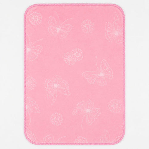 A pink rectangular mat with rounded corners, featuring a subtle white outline pattern of butterflies and flowers, shown against a plain white background.