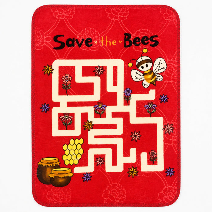 A red rectangular mat or rug with rounded corners featuring a colorful bee maze design and the words 'Save the Bees' at the top.