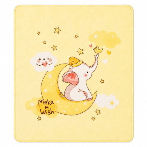 A square baby blanket with rounded corners, featuring a cute illustration of a white elephant wearing a yellow hat, sitting on a yellow crescent moon and reaching toward a small yellow bird. The background is a soft pastel yellow with scattered gold stars