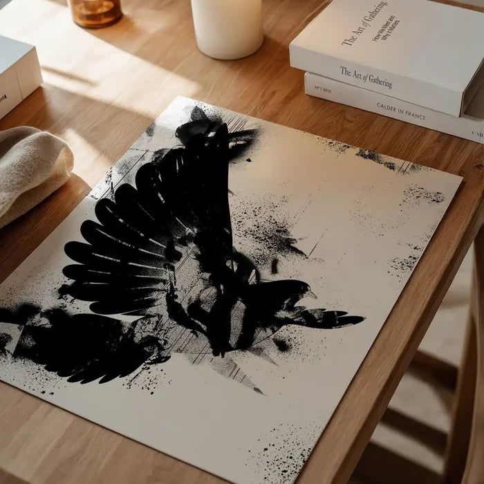 Abstract black graffiti dove print on white art paper, displayed on a wooden table.