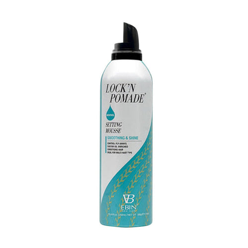 EBIN Lock N Pomade moisturizing setting mousse for hair in white teal can for smoothing and shine