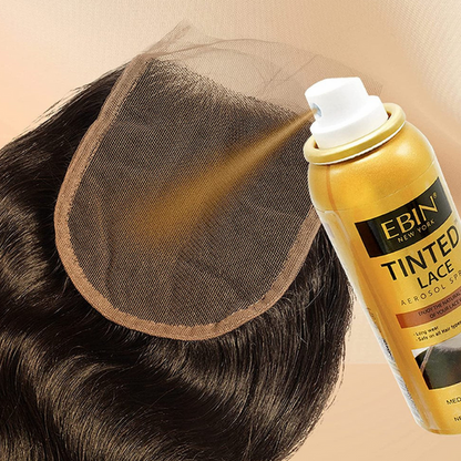 EBIN Tinted Lace aerosol can spraying darkest brown lace tint spray onto lace closure over dark brown hair for seamless hairline