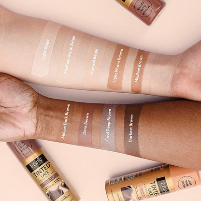 EBIN hair care swatch of lace tint shades on arms with bottles including darkest brown lace tint spray