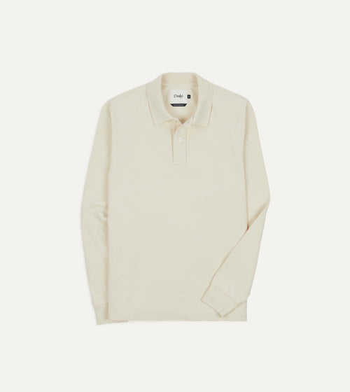 Ecru Pique Cotton Long-Sleeve Polo Shirt
