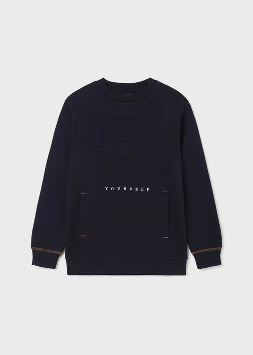 Mayoral boys Navy embossed graphic sweatshirt with long sleeves and round neckline.