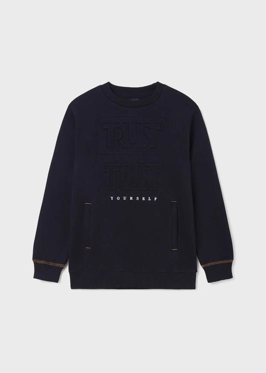 Mayoral boys Navy embossed graphic sweatshirt with long sleeves and round neckline.