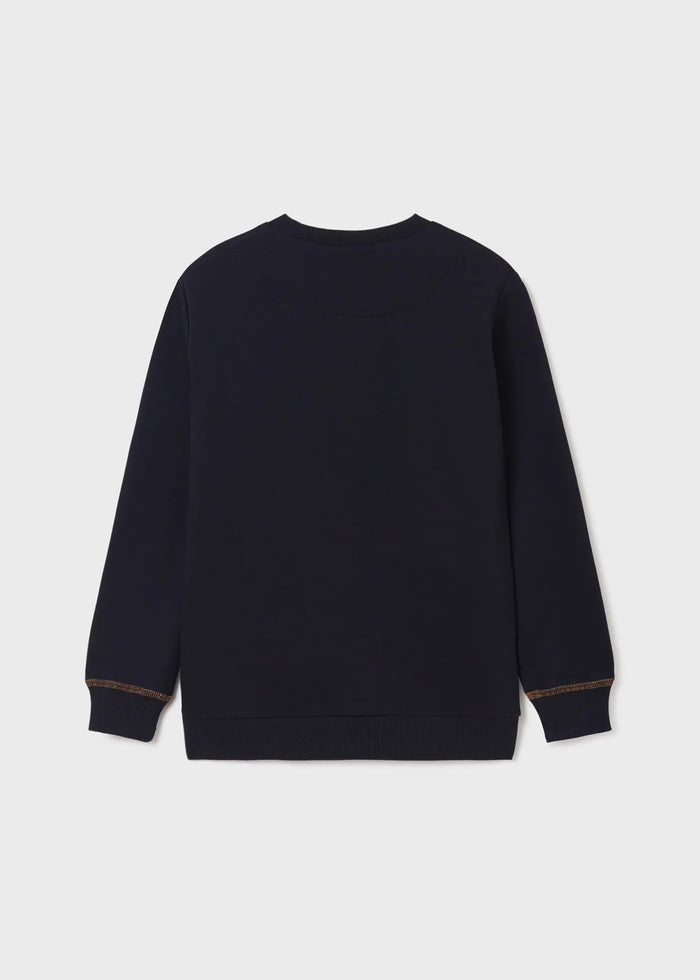 Back view of Mayoral boys Navy pullover sweatshirt with clean everyday fit.