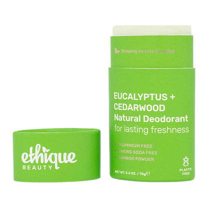 Ethique Eucalyptus + Cedarwood Natural Deodorant 70g, aluminium and baking soda free, eco-friendly packaging.