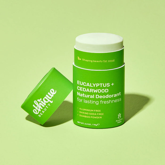 Ethique Eucalyptus + Cedarwood Natural Deodorant 70g with cap off.