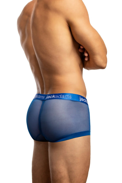 Shirtless man standing in front of a white background wearing a pair of Jack Adams Excite Sheer Briefs in royal