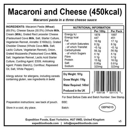 information label for expedition foods macaroni and cheese 450kcal