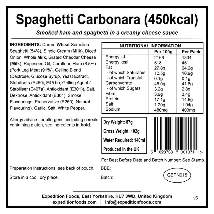 information label for expedition foods spaghetti carbonara 450kcal