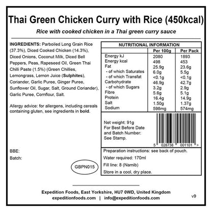 information label for expedition foods thai green chicken curry with rice 450kcal