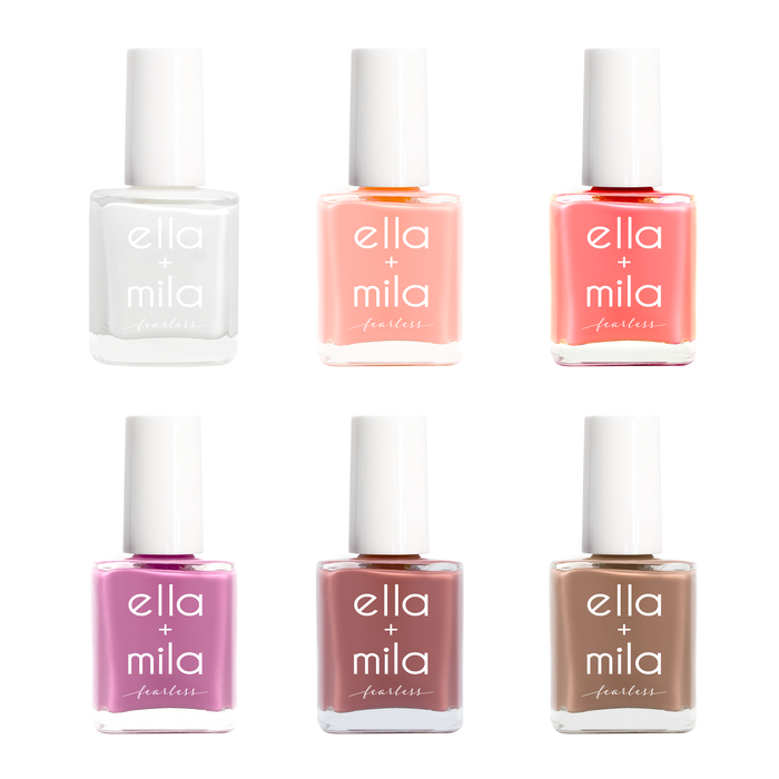 Fearless Collection 6 milky nail polish bottles in white, peach, coral, purple pink, dusty rose and brown