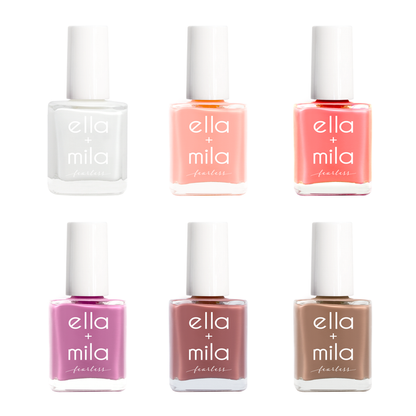Fearless Collection 6 milky nail polish bottles in white, peach, coral, purple pink, dusty rose and brown