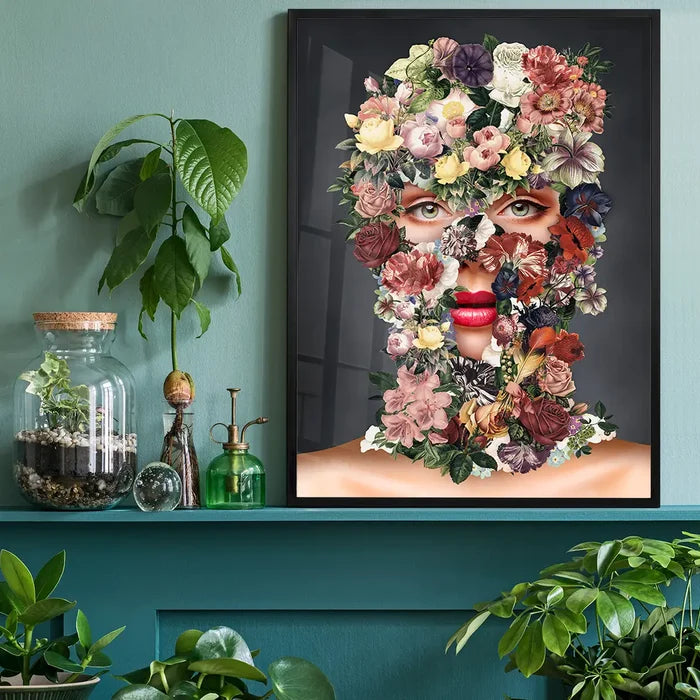 Flowerclava Black Floral Print: striking graphic art of a face covered in colorful flowers, framed in black.