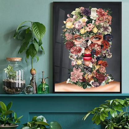 Flowerclava Black Floral Print: striking graphic art of a face covered in colorful flowers, framed in black.