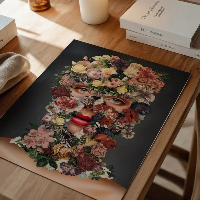 Black floral print art poster, "Flowerclava," featuring a face made of vibrant flowers on thick art paper.