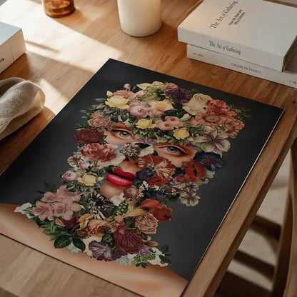 Black floral print art poster, "Flowerclava," featuring a face made of vibrant flowers on thick art paper.