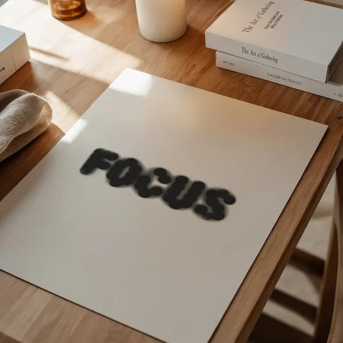 White archival art paper print with bold, black "FOCUS" text in a bubbly, 3D-like font on a wooden desk.
