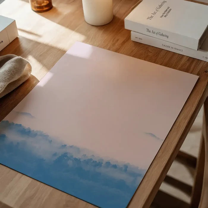 Forest Pink Blend Print, a graphic art print with pastel pink and blue cloud design on archival paper.