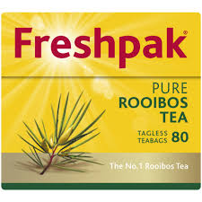 Yellow square box for Freshpak Pure Rooibos Tea featuring a plant sprig and 80 tagless teabags text.