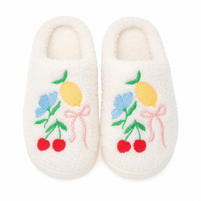 Fuzzy Plush Slippers with Fruit Cocktail Embroidery - Main View - Rock Paper Scissors