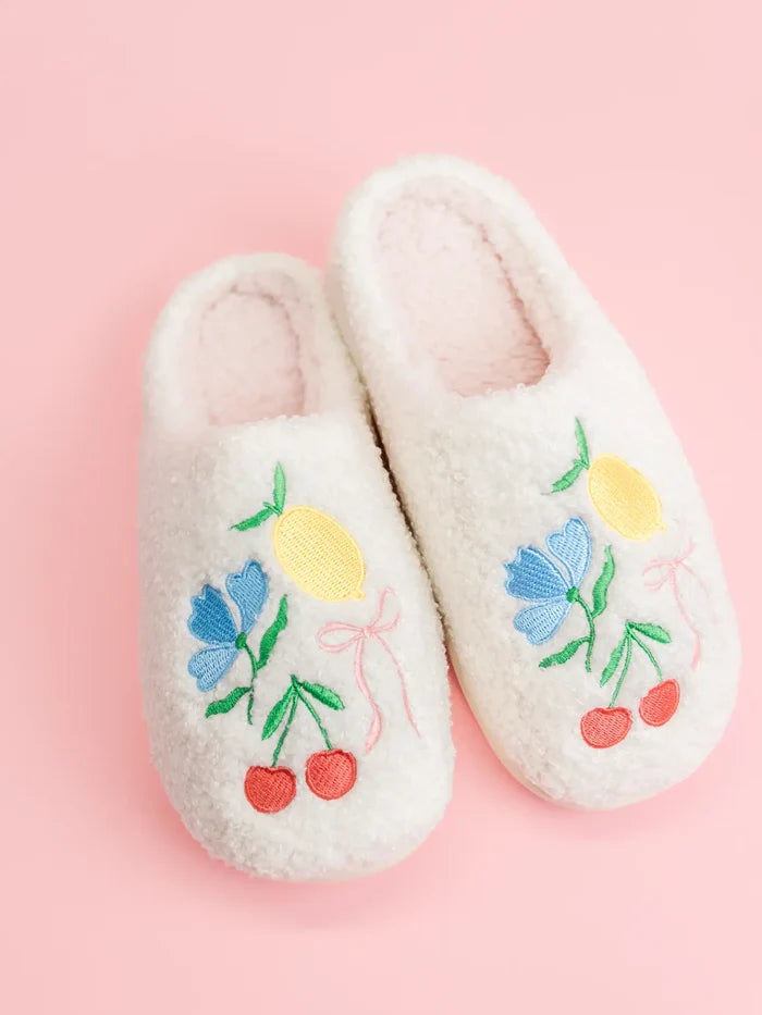 Fuzzy Plush Slippers with Fruit Cocktail Embroidery - Detail View - Rock Paper Scissors