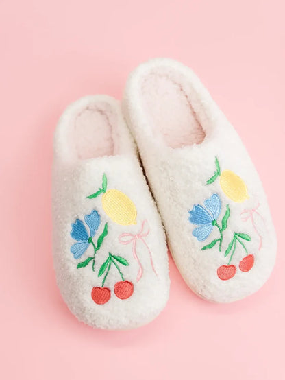 Fuzzy Plush Slippers with Fruit Cocktail Embroidery - Detail View - Rock Paper Scissors