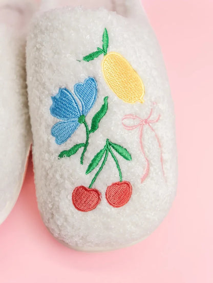 Fuzzy Plush Slippers with Fruit Cocktail Embroidery - Lifestyle View - Rock Paper Scissors