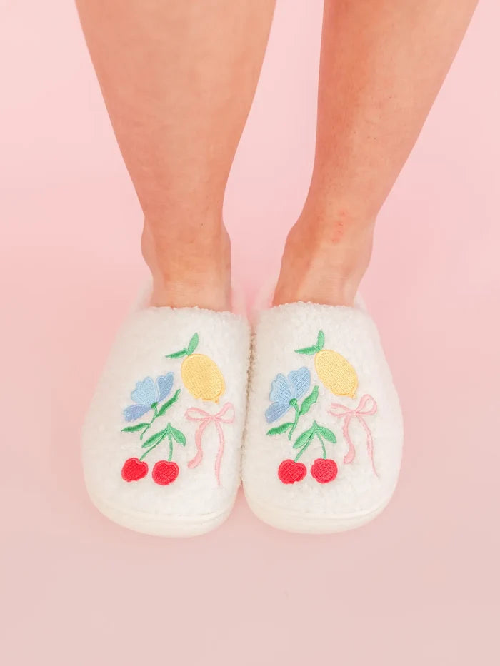 Fuzzy Plush Slippers with Fruit Cocktail Embroidery - Front View - Rock Paper Scissors