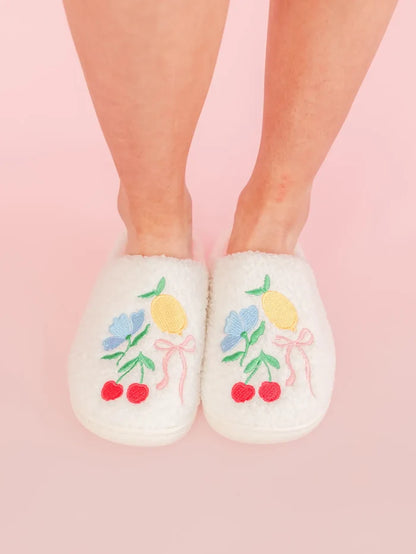 Fuzzy Plush Slippers with Fruit Cocktail Embroidery - Front View - Rock Paper Scissors