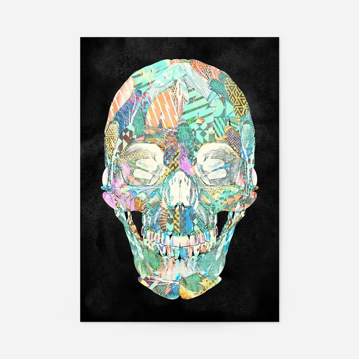 Geometric pastel pattern skull print on thick art paper, vibrant colors on black background.