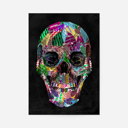 Vibrant geometric pattern skull print on black background, showcasing colorful shapes and patterns.