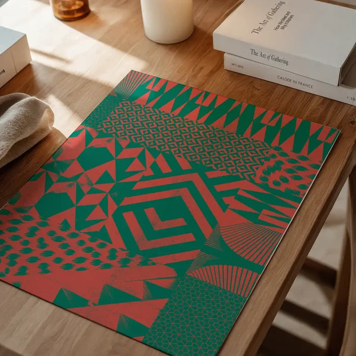 Abstract geometric print with pink and green segments on thick art paper, displayed on a wooden table.