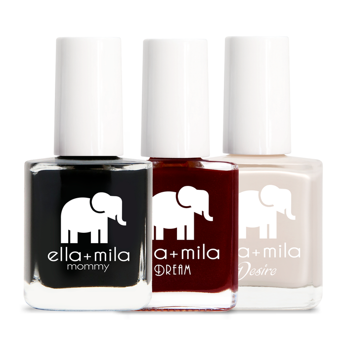 Ghosted 3-pack: black, dark burgundy and pale nude nail polish bottles – ella+mila