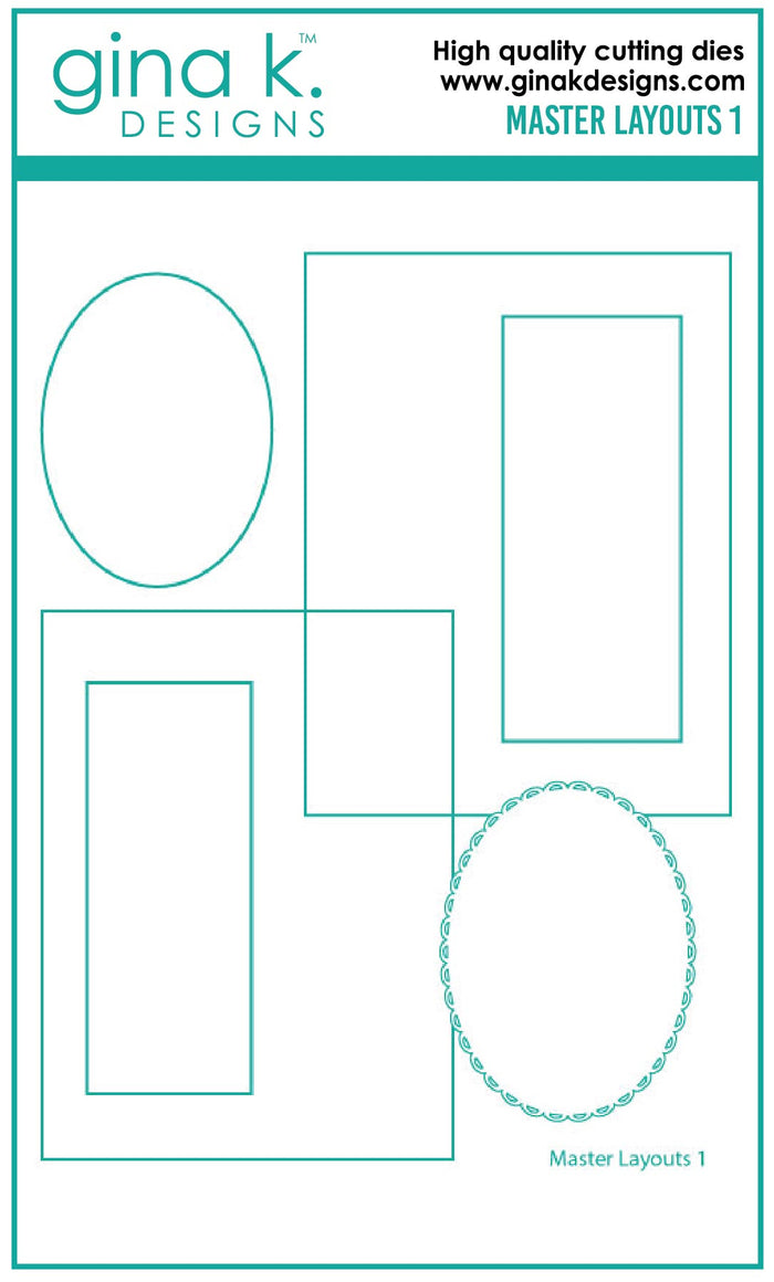 Gina K. Designs - Die - Masters Layouts 1. Master Layouts 1 is the first in a series of card layout templates. These dies will help you cut perfect layers for front panels for A2 cards. They will cut the front panel and the 1/8" layering panel for that perfect thin layered edge. The ovals can be used separately or together to created a decorative edged stack. The long thin rectangle can be an accent piece or a divider for an upright A2 card. Available at Embellish Away located in Bowmanville Ont