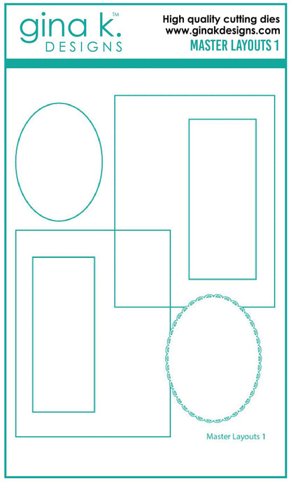 Gina K. Designs - Die - Masters Layouts 1. Master Layouts 1 is the first in a series of card layout templates. These dies will help you cut perfect layers for front panels for A2 cards. They will cut the front panel and the 1/8" layering panel for that perfect thin layered edge. The ovals can be used separately or together to created a decorative edged stack. The long thin rectangle can be an accent piece or a divider for an upright A2 card. Available at Embellish Away located in Bowmanville Ont