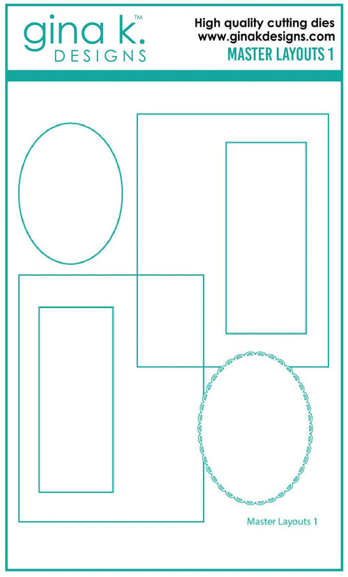 Gina K. Designs - Die - Masters Layouts 1. Master Layouts 1 is the first in a series of card layout templates. These dies will help you cut perfect layers for front panels for A2 cards. They will cut the front panel and the 1/8" layering panel for that perfect thin layered edge. The ovals can be used separately or together to created a decorative edged stack. The long thin rectangle can be an accent piece or a divider for an upright A2 card. Available at Embellish Away located in Bowmanville Ont