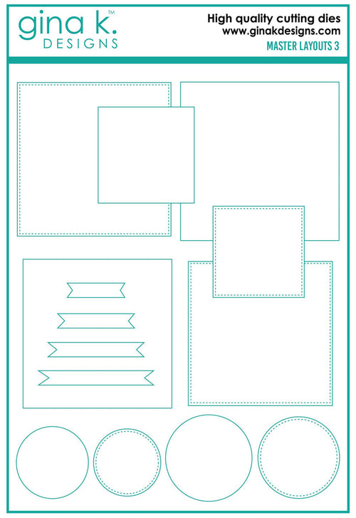 Gina K. Designs - Die - Masters Layouts 3. Master Layouts 3 is the third set in a series of card layout templates. These dies will help you cut perfect layers for front panels for A2 cards. Available at Embellish Away located in Bowmanville Ontario Canada.