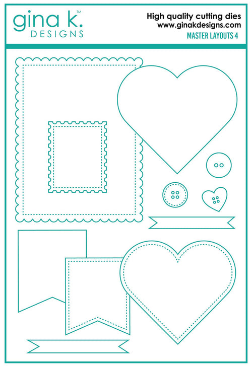 Gina K. Designs - Die - Masters Layouts 4. Master Layouts 4 is the fourth set in a series of card layout templates. These dies will help you cut perfect layers for front panels for A2 cards. Available at |Embellish Away located in Bowmanville Ontario Canada.